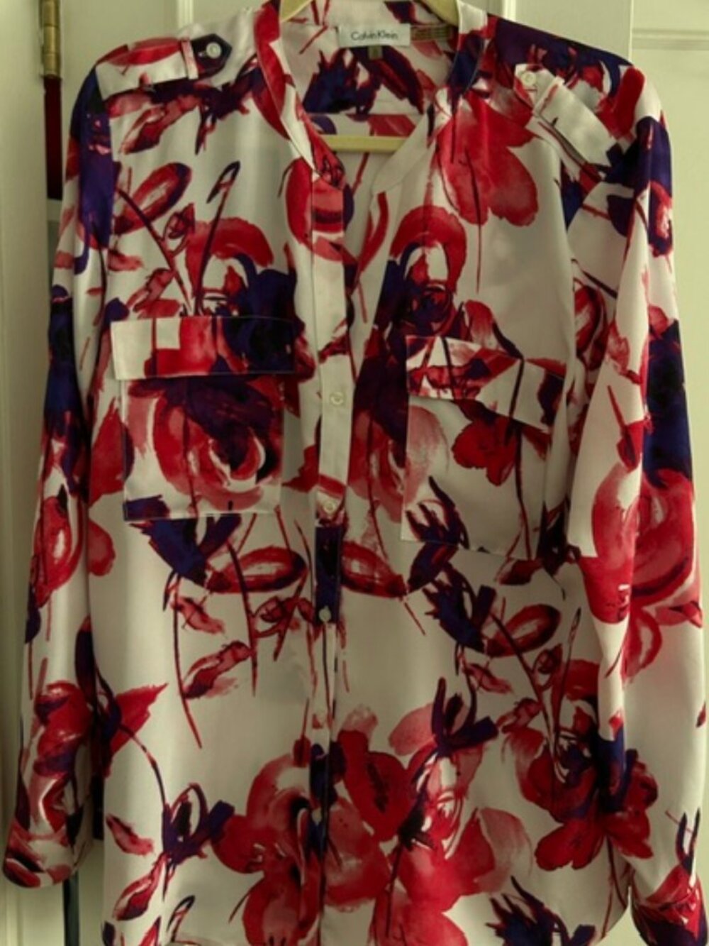 Calvin Klein  White, Red and Purple Long Sleeve Blouse - XL